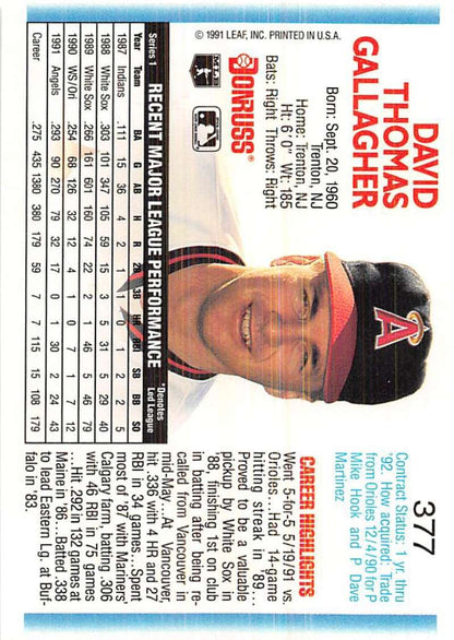 1991 California Angels Baseball Card featuring Dave Gallagher from Donruss 377