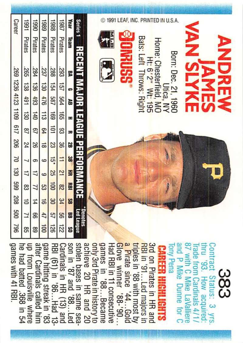 1991 Donruss Andy Van Slyke baseball card featuring Pittsburgh Pirates player in black cap