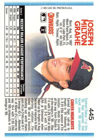 1992 Donruss #445 Joe Grahe baseball card featuring a California Angels player