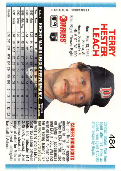 1992 Donruss #484 Terry Leach Baseball Card featuring Minnesota Twins player