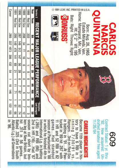 1992 Donruss #609 Carlos Quintana Boston Red Sox Baseball Card from 1991 set