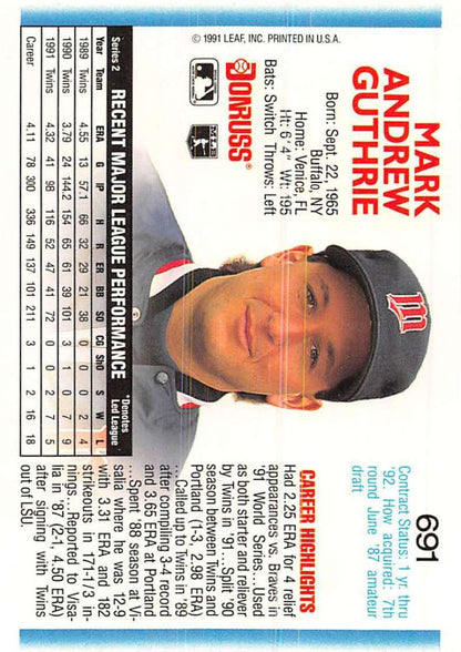 Baseball card of Mark Guthrie in Minnesota Twins cap from 1992 Donruss #691