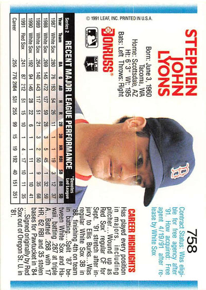 Baseball trading card of Steve Lyons in a blue cap, Boston Red Sox collectible