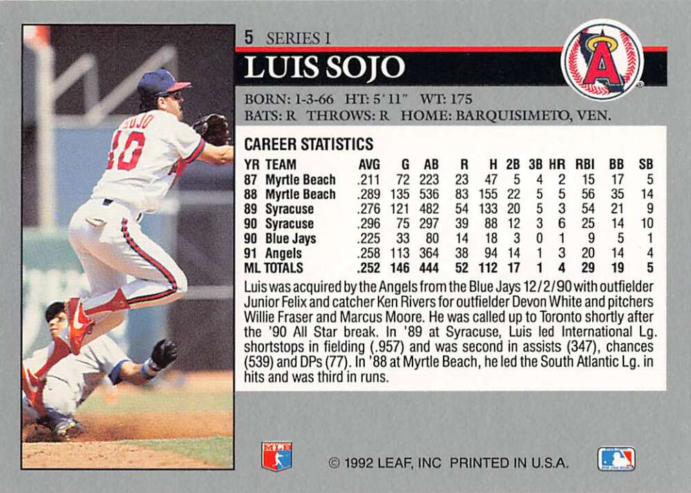 1992 Leaf #5 Luis Sojo California Angels Baseball Card with statistics and action photo