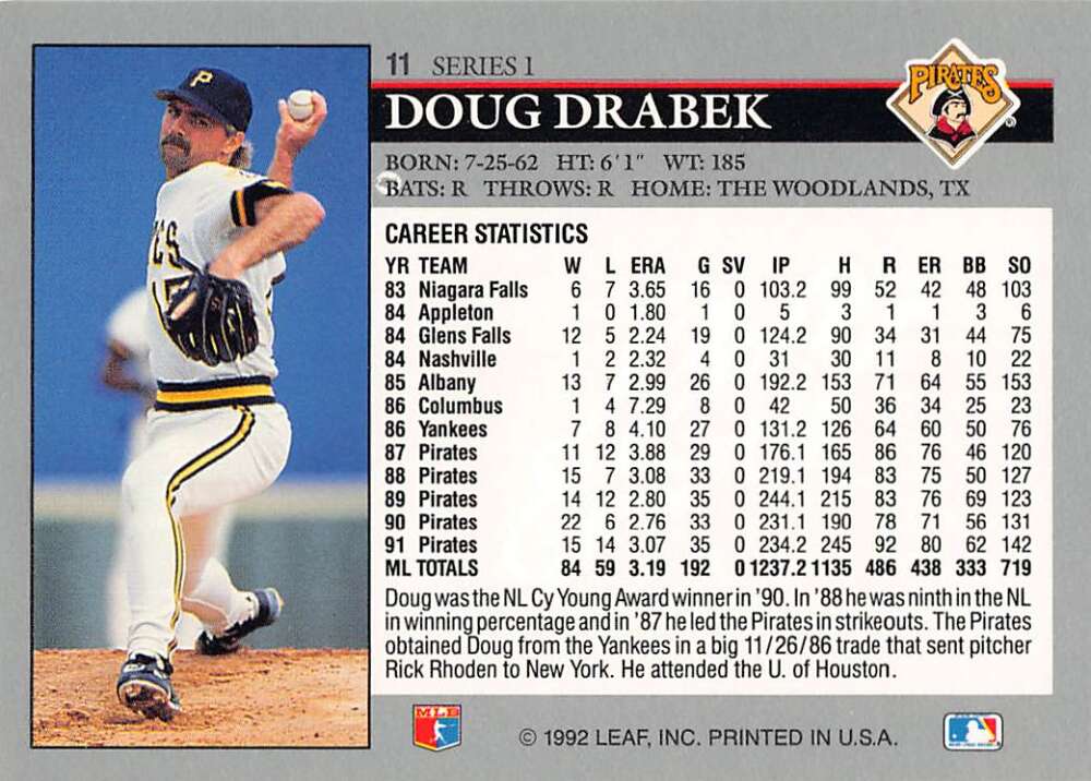 Baseball card of Doug Drabek mid-throw in white and dark striped uniform for Pittsburgh Pirates