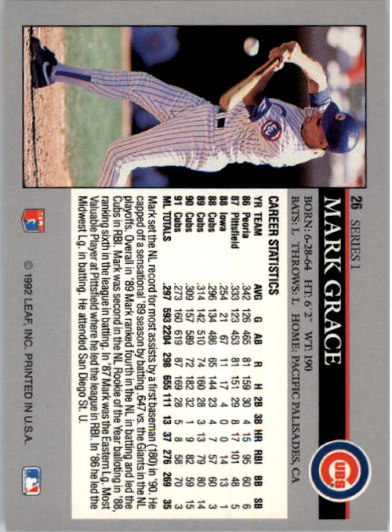 Mark Grace pitching for the Chicago Cubs on a 1992 Leaf baseball card