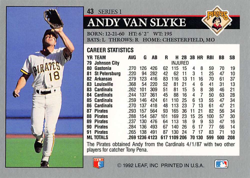 Baseball card of Andy Van Slyke catching, number 18, Pittsburgh Pirates 1992 Leaf