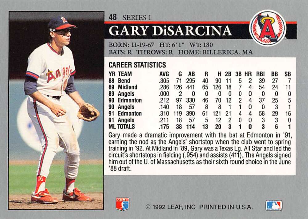 Baseball card of Gary DiSarcina in California Angels uniform with red accents