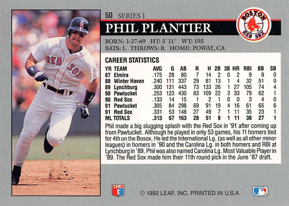 Baseball card featuring Phil Plantier of the Boston Red Sox running on the field