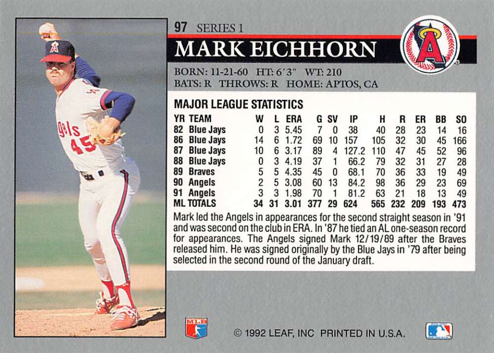 Baseball card of Mark Eichhorn in pitching stance for California Angels