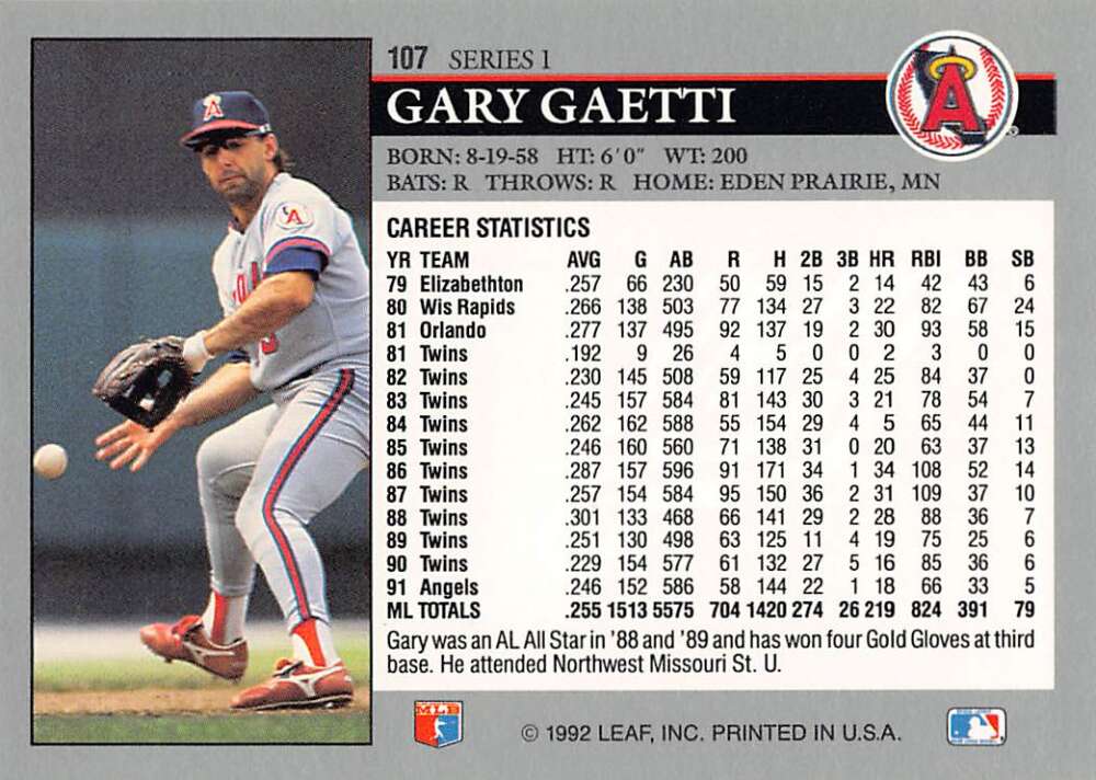 Gary Gaetti California Angels Baseball Card in fielding stance from 1992 Leaf #107