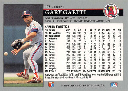 Gary Gaetti California Angels Baseball Card in fielding stance from 1992 Leaf #107