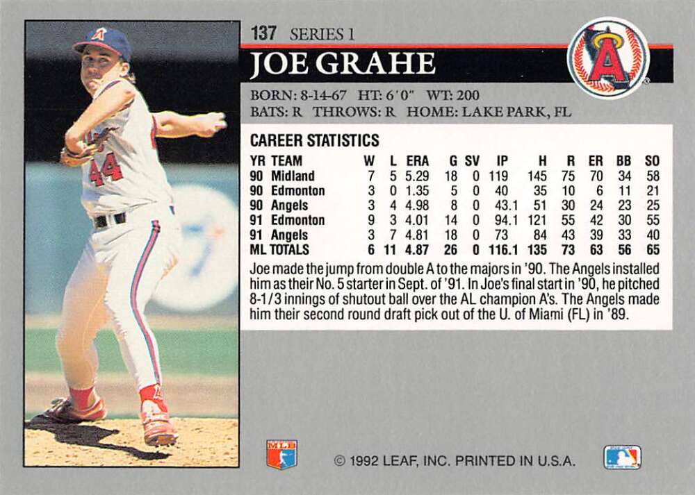 Baseball card of Joe Grahe in mid-delivery for California Angels uniform