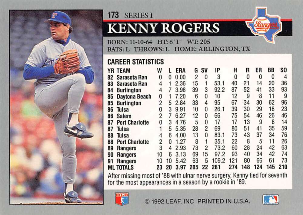 Kenny Rogers pitching in Texas Rangers uniform on 1992 Leaf baseball card