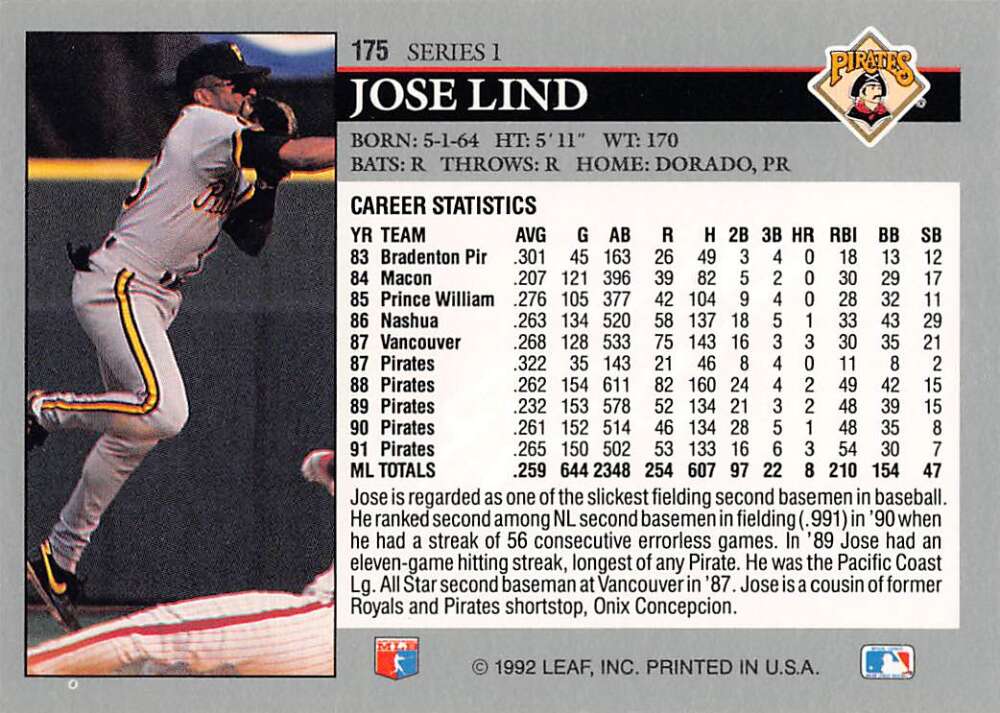 Jose Lind pitching for Pittsburgh Pirates on 1992 Leaf baseball card