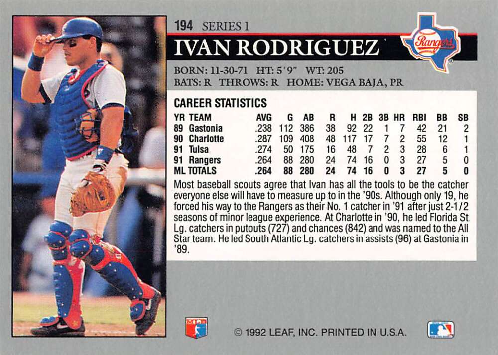 Ivan Rodriguez crouched in blue and red gear on a Texas Rangers baseball card