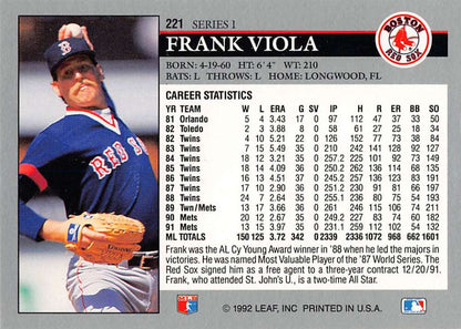 Baseball card of Frank Viola with career stats for Boston Red Sox player