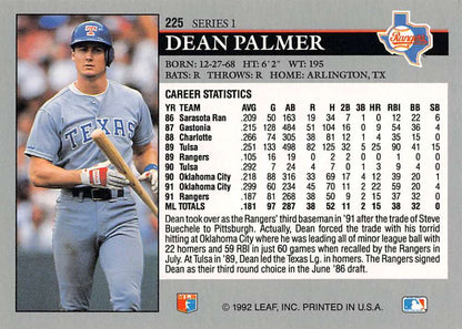 Texas Rangers baseball card of Dean Palmer in gray uniform with statistics on back