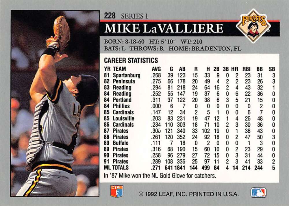 Baseball card featuring Mike LaValliere career stats with Pittsburgh Pirates