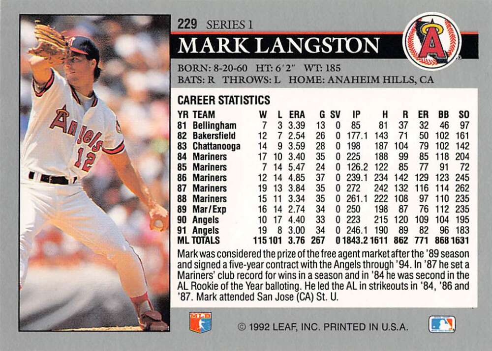 Baseball card featuring Mark Langston in California Angels uniform with stats