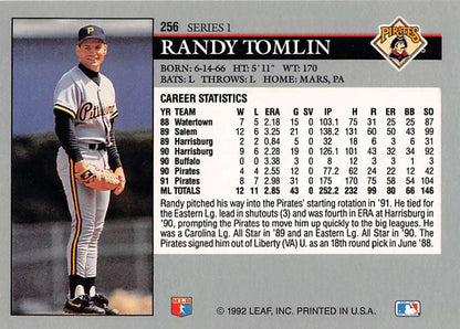 Baseball card of Randy Tomlin in white uniform, black cap for Pittsburgh Pirates