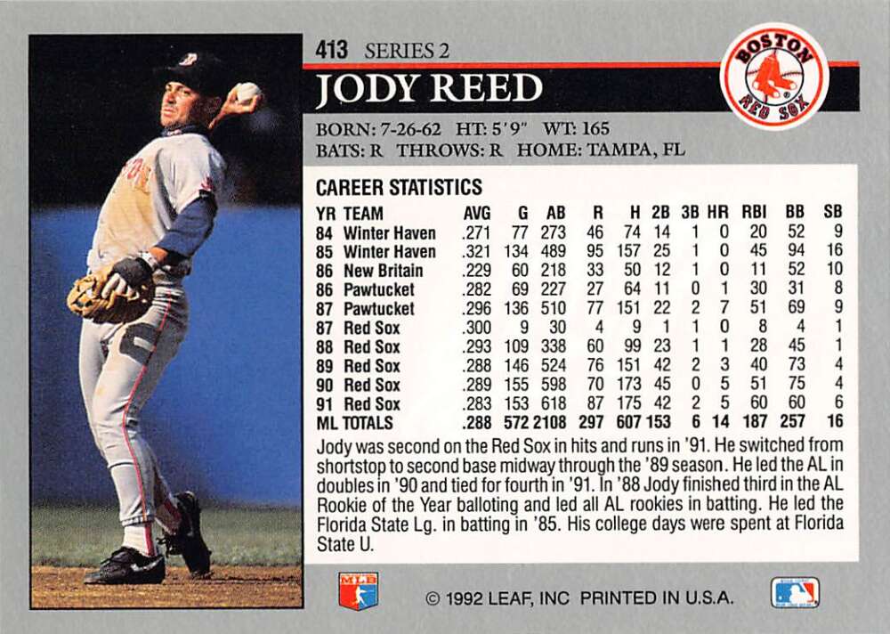 Baseball card of Jody Reed in mid-throwing motion for Boston Red Sox collectors