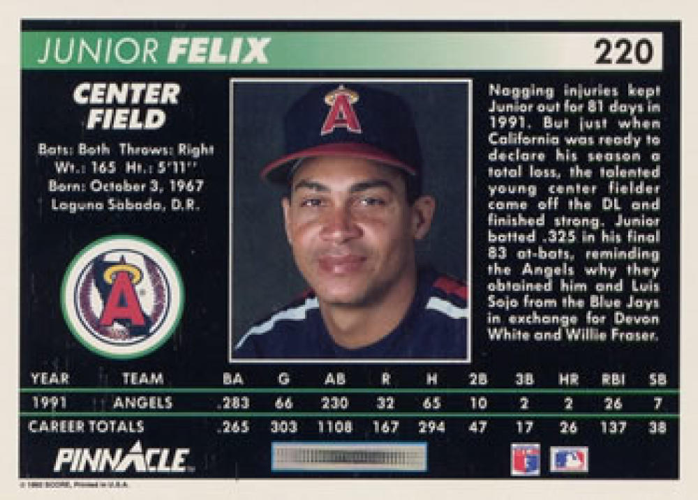 Baseball card of Junior Felix from the California Angels 1993 Pinnacle set