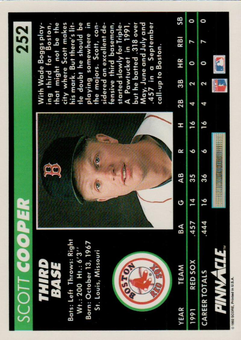 1992 Pinnacle Scott Cooper Baseball Card featuring Boston Red Sox design elements