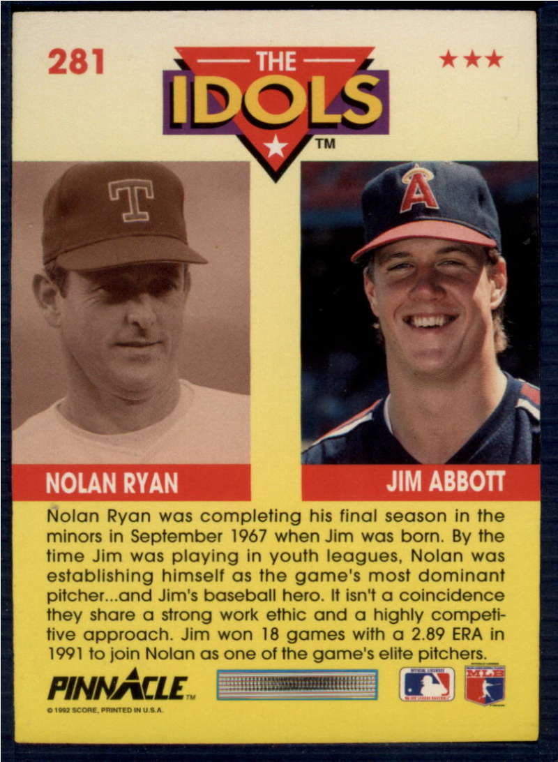 Baseball card featuring Jim Abbott and Nolan Ryan from Texas Rangers and California Angels