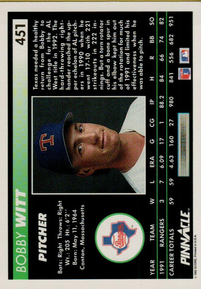 Baseball card of Bobby Witt in a Texas Rangers cap, part of the 1992 Pinnacle series