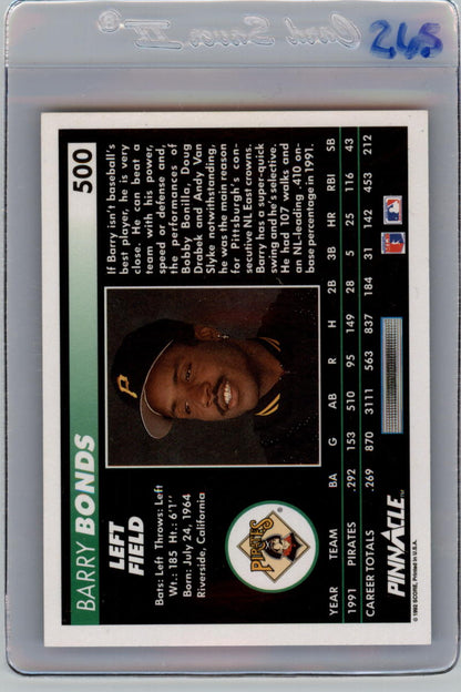 1992 Pinnacle #500 Barry Bonds Pittsburgh Pirates Baseball Card with player stats