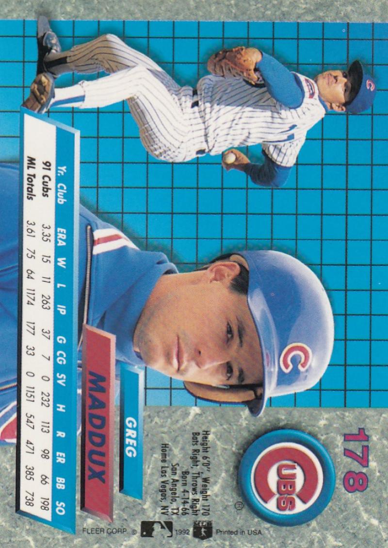 Baseball card of Greg Maddux in pitching poses for Chicago Cubs 1992 Fleer Ultra