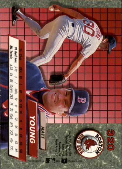 Baseball card of Matt Young in white uniform with red netting, Fleer Ultra Red Sox