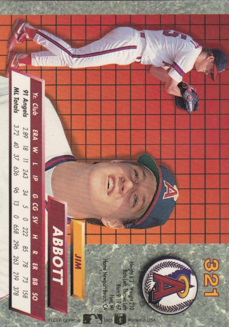 Jim Abbott California Angels player wearing white uniform on 1992 Fleer Ultra card