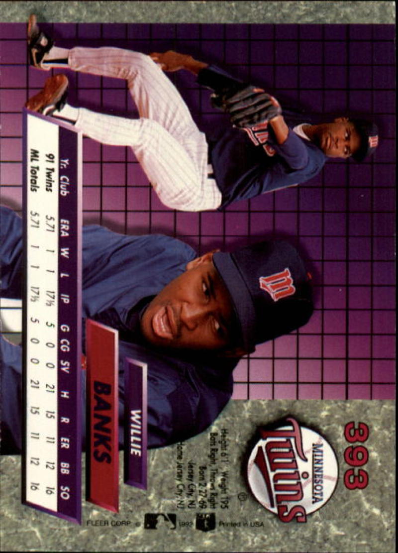 1992 Fleer Ultra #393 Willie Banks Baseball Card featuring Minnesota Twins players in navy uniforms