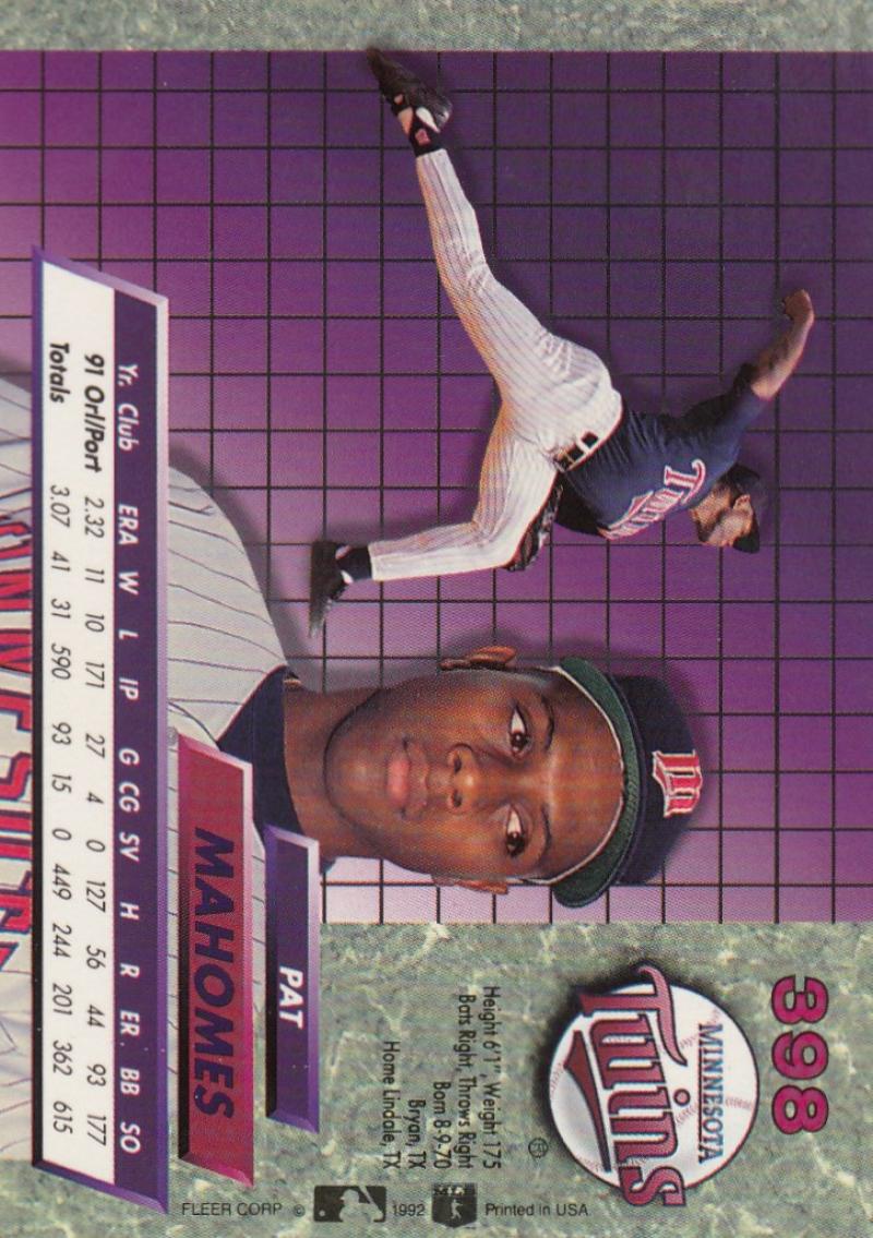 1992 Fleer Ultra Pat Mahomes Minnesota Twins Baseball Card with Purple Grid Design