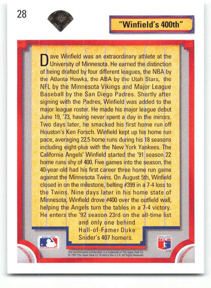 Baseball card showcasing Dave Winfield’s 4000th achievement with California Angels