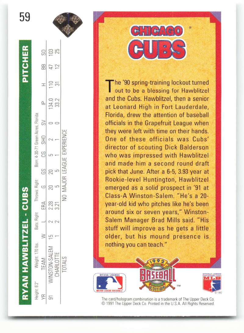 Baseball card featuring Ryan Hawblitzel statistics for the Chicago Cubs Upper Deck