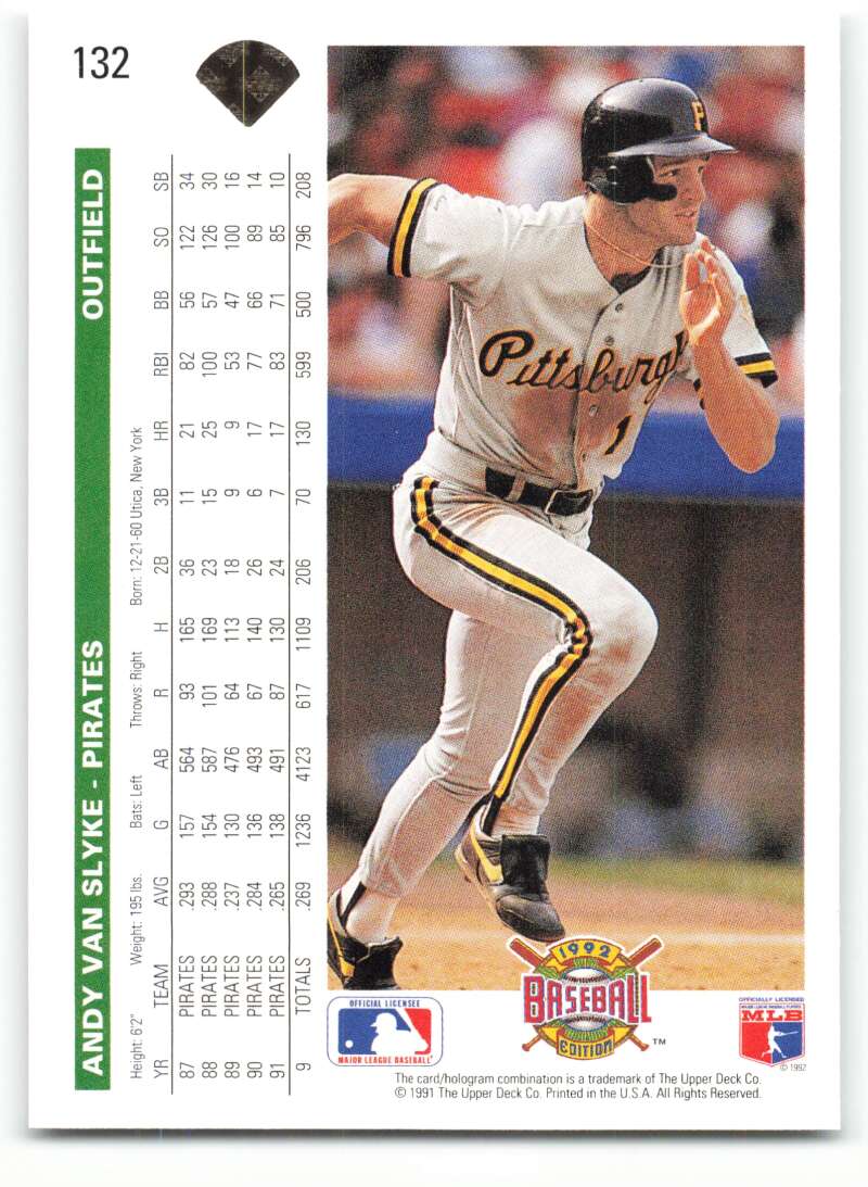 Andy Van Slyke batting in gray road uniform on 1992 Upper Deck baseball card