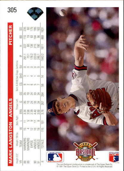 Mark Langston baseball card from Upper Deck showing Angels player making a catch