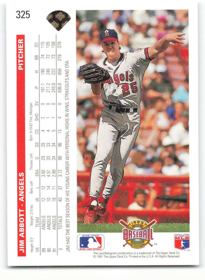 Jim Abbott delivering pitch in gray uniform, California Angels Baseball card 1992