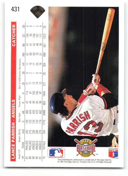 Lance Parrish at bat in white California Angels uniform on 1992 Upper Deck baseball card