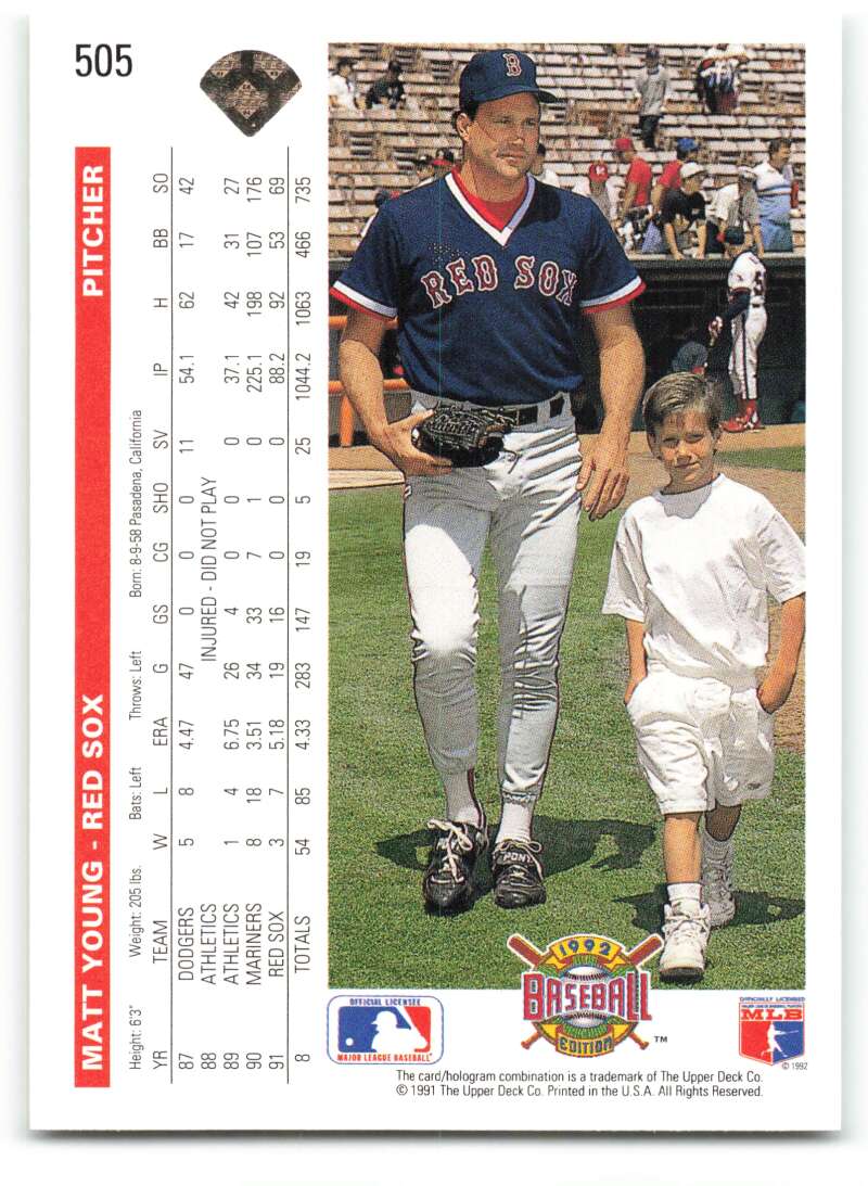 Boston Red Sox player Matt Young with young fan on baseball field in 1992 Upper Deck card