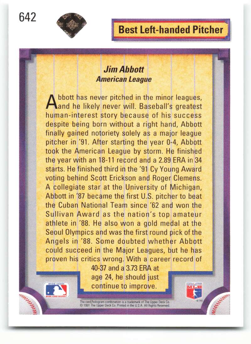 Baseball card of Jim Abbott, left-handed pitcher for California Angels by Upper Deck