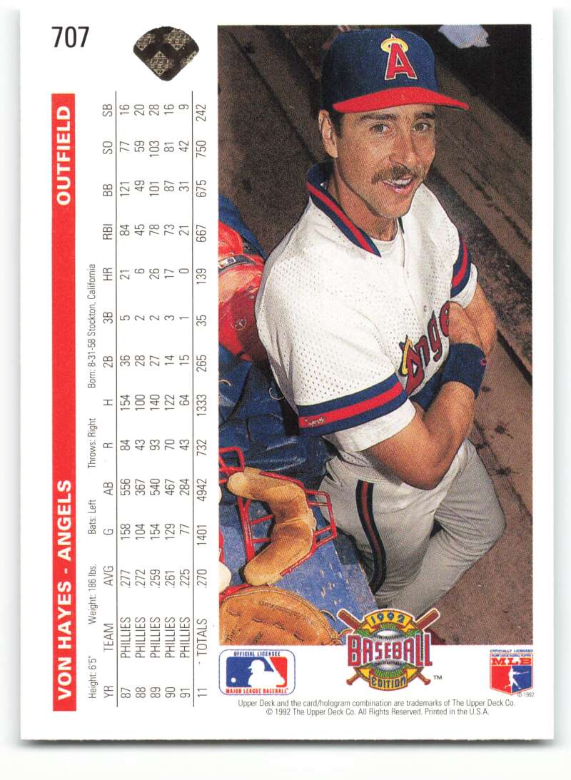 Upper Deck 1992 Von Hayes California Angels baseball card in white uniform