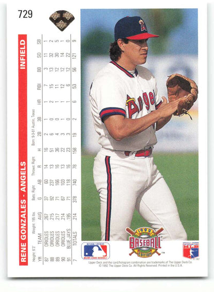 1992 Upper Deck #729 Rene Gonzales California Angels Baseball Card in white uniform