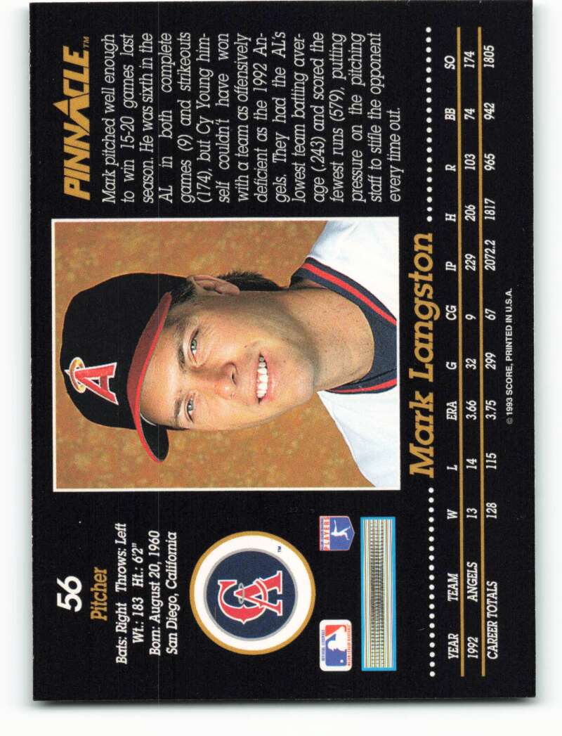 1993 Pinnacle Mark Langston California Angels Baseball Card with navy cap and team logo