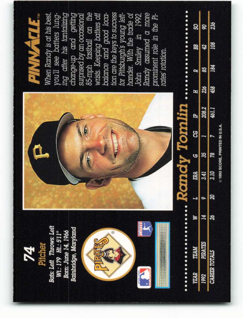 Baseball card of Randy Tomlin from the Pittsburgh Pirates in a black and gold cap