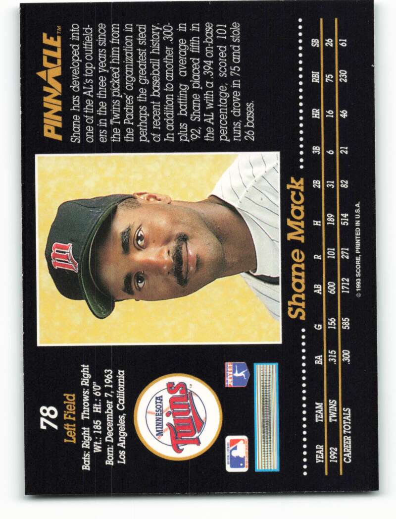 1993 Pinnacle Baseball Card featuring Shane Mack of the Minnesota Twins