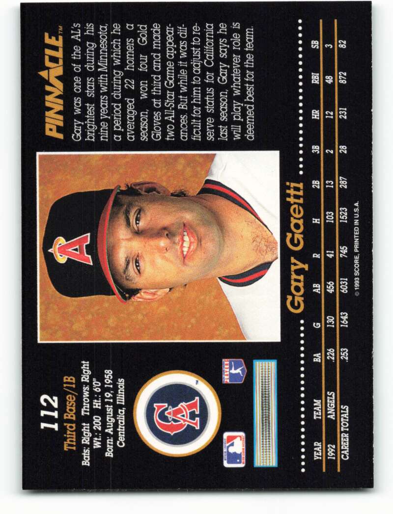 Baseball card of Gary Gaetti in Navy Blue Cap, California Angels, Pinnacle 1993